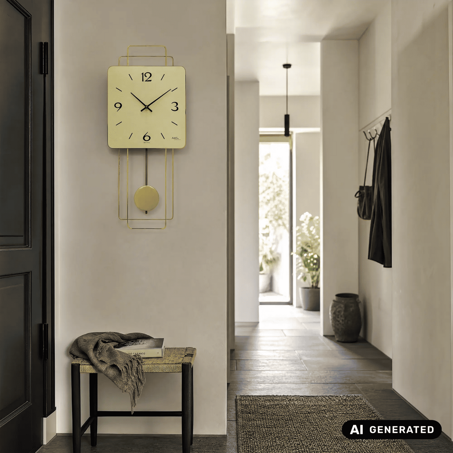 Wanduhr an der Wand: goldfarbenes Zifferblatt mit Pendel, arabische Ziffern