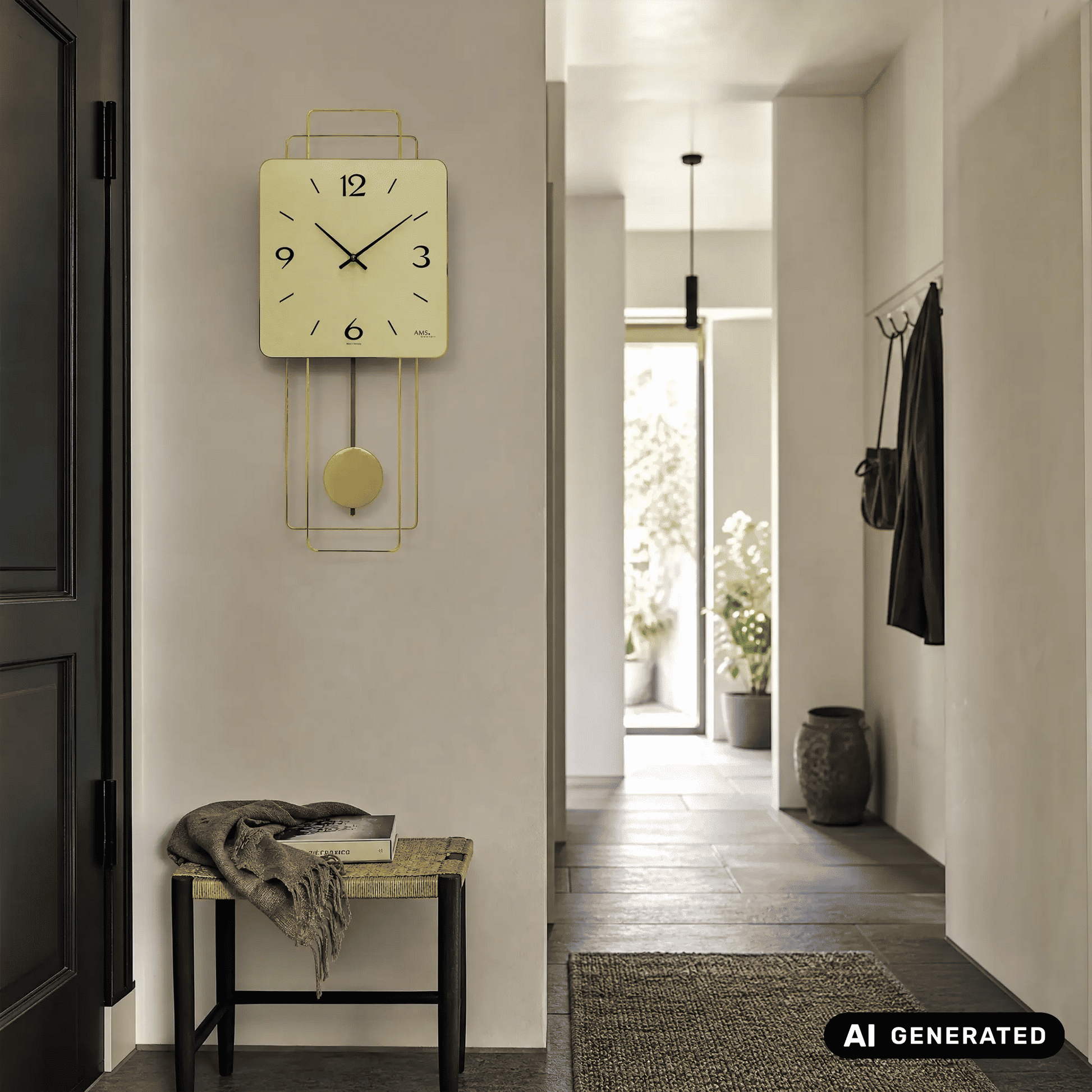 Wanduhr an der Wand: goldfarbenes Zifferblatt mit Pendel, arabische Ziffern