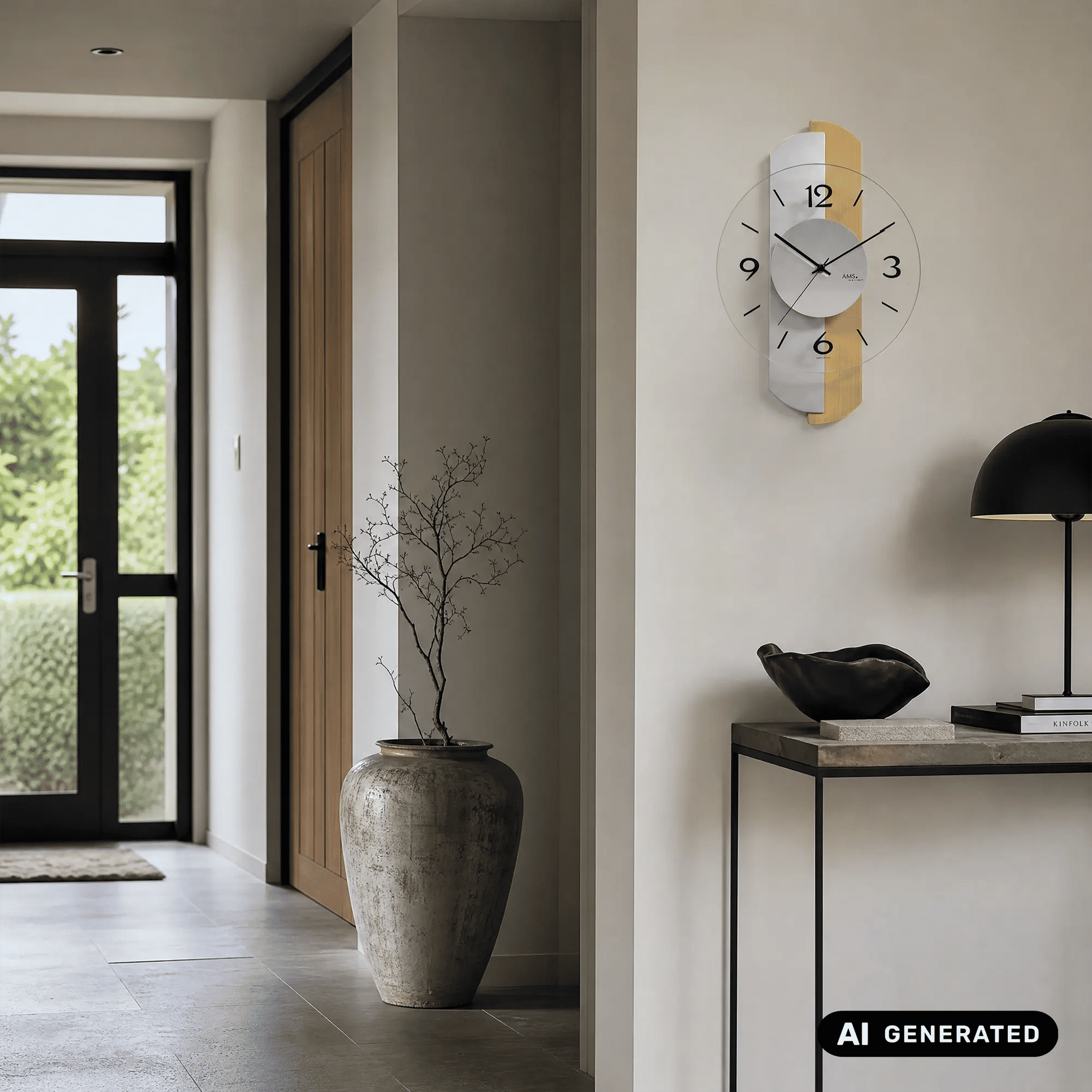 Wanduhr an der Wand: rundes weißes Zifferblatt mit schwarzen Zeigern, Holzgehäuse