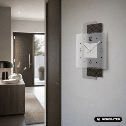 Wanduhr an Wand, weißes Quadrat-Zifferblatt mit schwarzen Zahlen und silbernen Zeigern