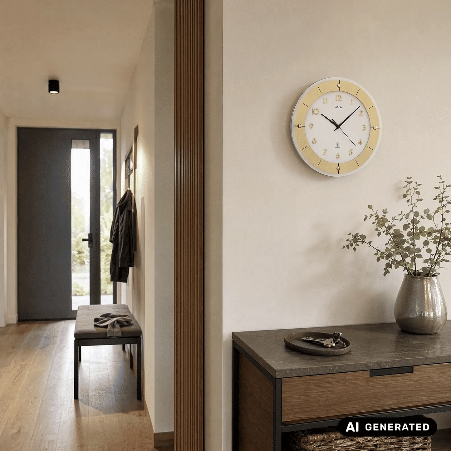 Zegar ścienny AMS W9450 srebrny • Fasetowane szkło mineralne • Aluminium lakierowane na mosiądz
