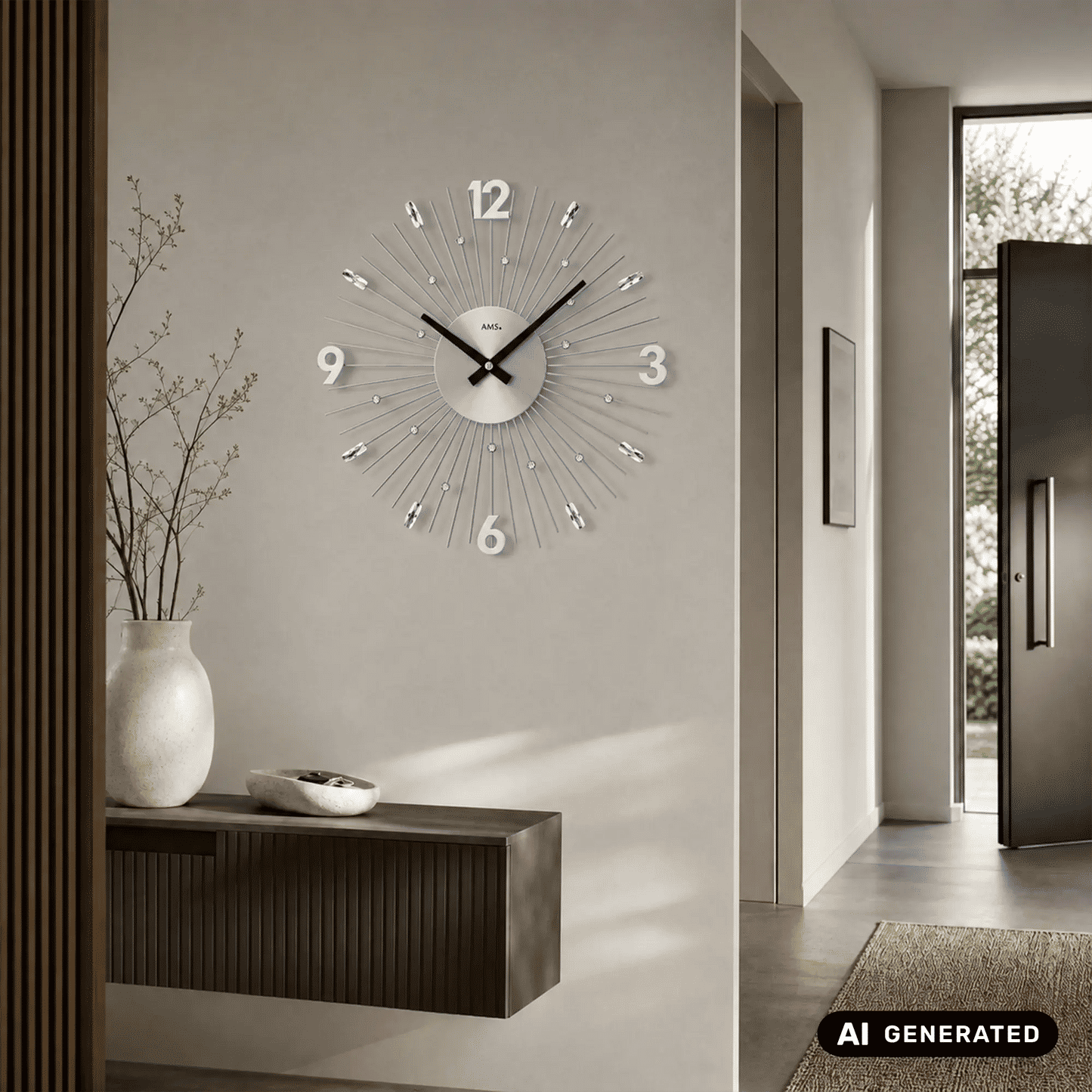 Wanduhr auf grauer Wand, silbernes Zifferblatt mit Metallstäben und schwarzen Zeigern