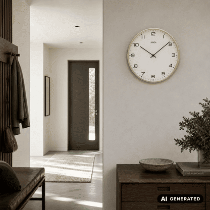 Wanduhr an der Wand mit weißem Zifferblatt, schwarzen Ziffern und goldfarbener Umrandung