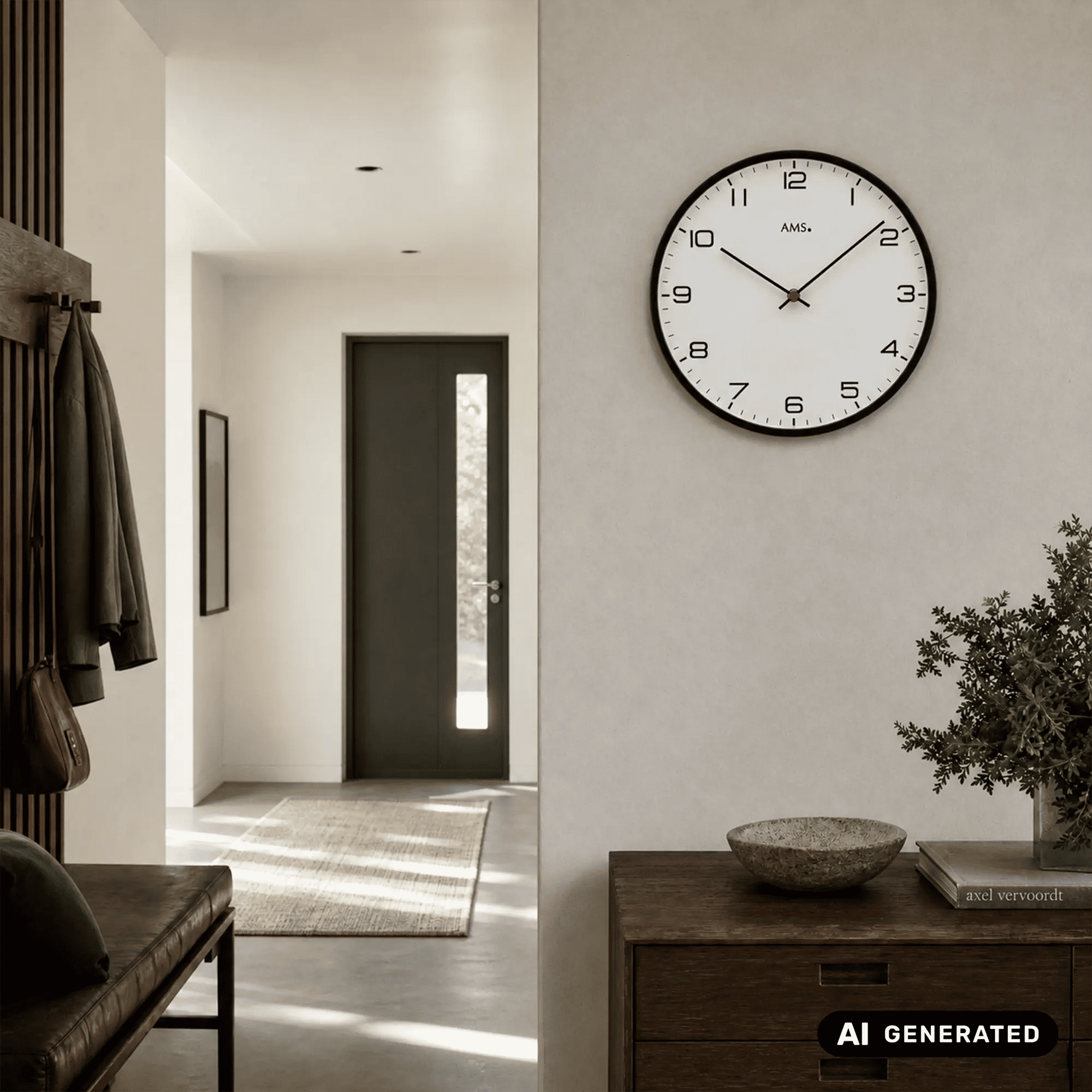 Wanduhr an der Wand mit schwarzem Rand, weißem Zifferblatt, roten Zeigern und AMS.