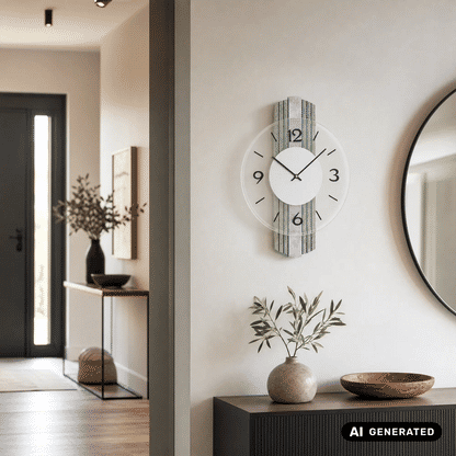 Wanduhr an der Wand mit Holzdekor-Rahmen, facettiertem Mineralglas und schwarzen Zeigern