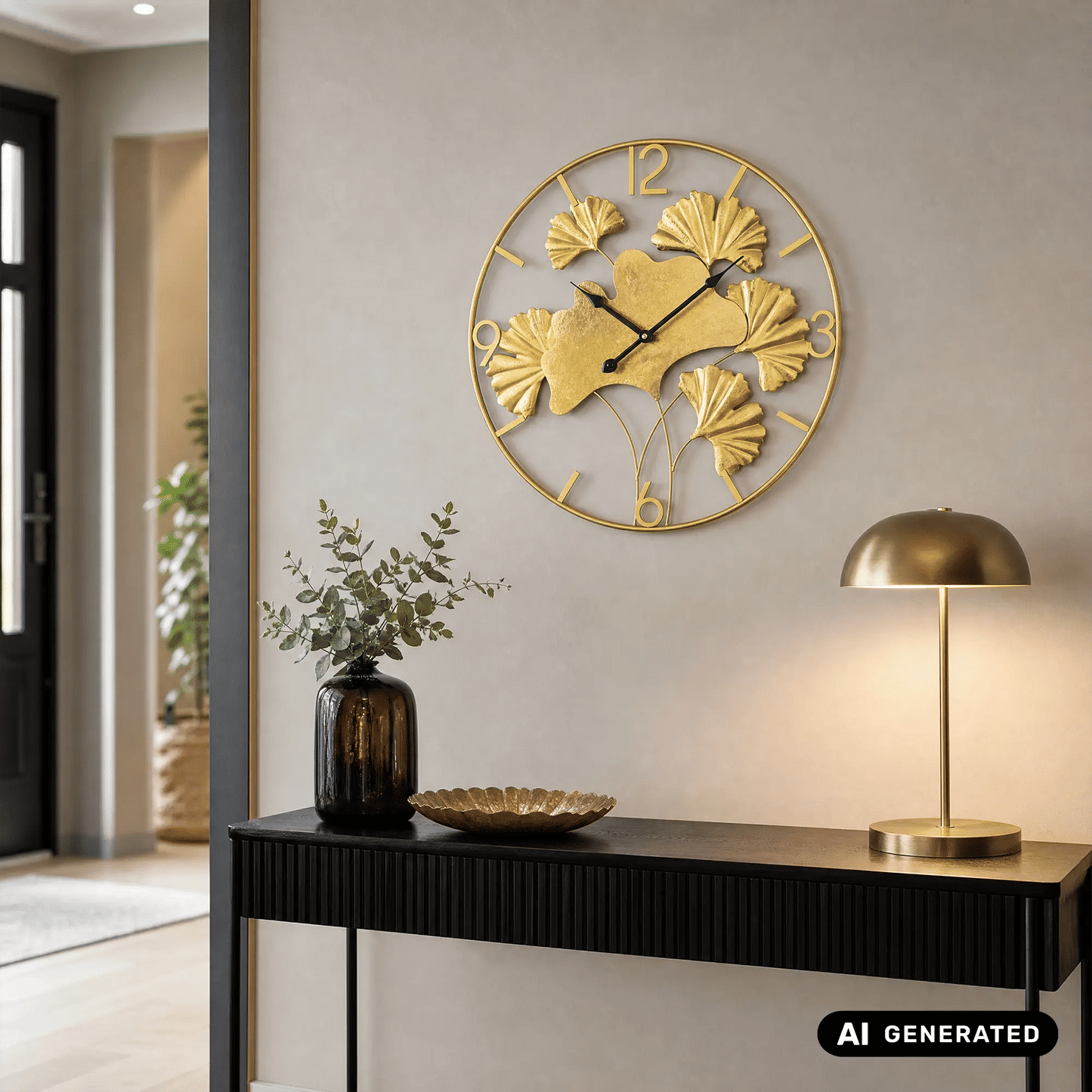 Wanduhr mit goldfarbenem Metallgehäuse, Blattmotiv, schwarzen Zeigern und Ziffern