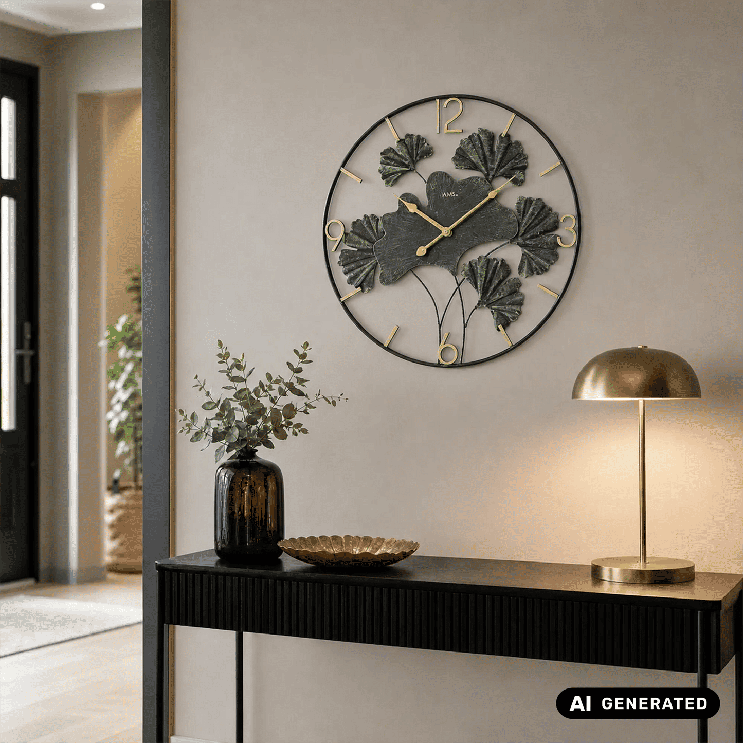 AMS Design W9704 Wanduhr • Ginkgo Metall-Design • Quarzwerk