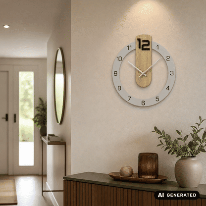 Wanduhr Sonoma-Eiche mit bedrucktem Mineralglas, rundes Zifferblatt mit arabischen Ziffern und Zeigern.