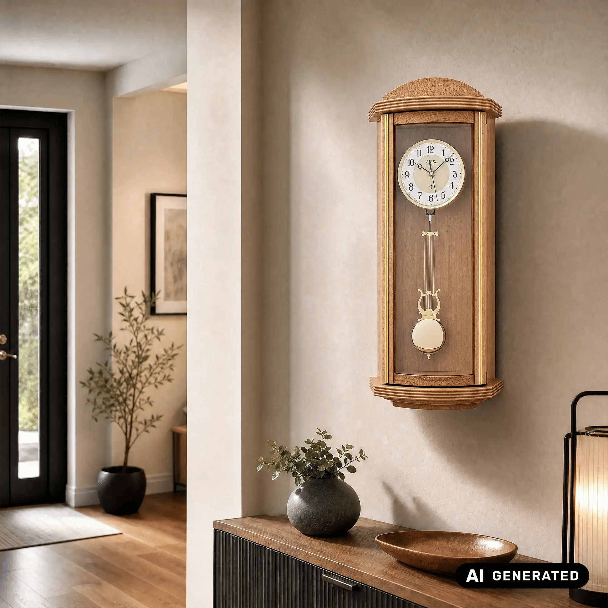 Wanduhr aus hellem Holz mit Pendel, rundem Zifferblatt und Glasfront