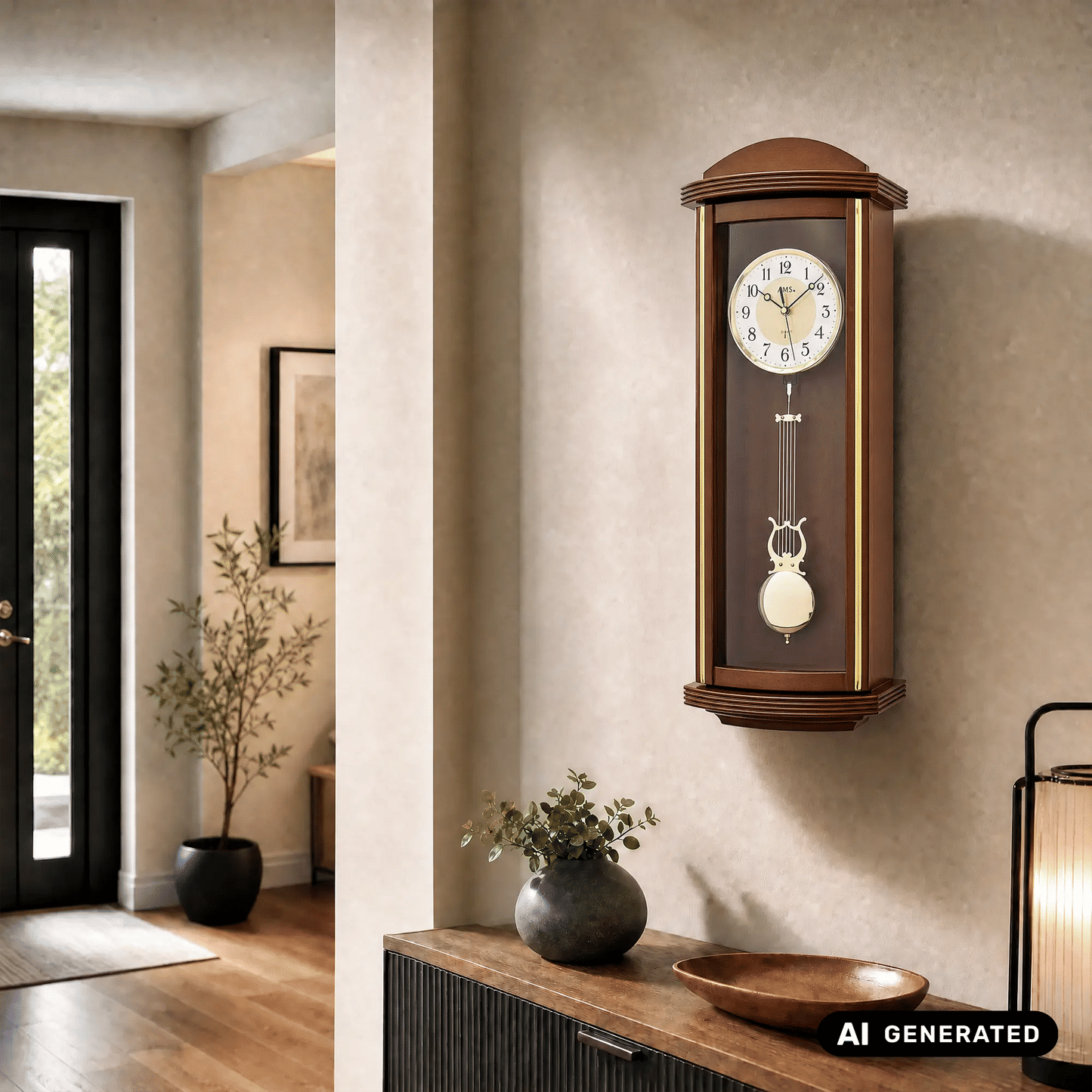 AMS F5015/1 Funk-Pendelwanduhr Nussbaum • Funkgesteuertes Quarzwerk • Pendel mit Westminster-Schlagwerk