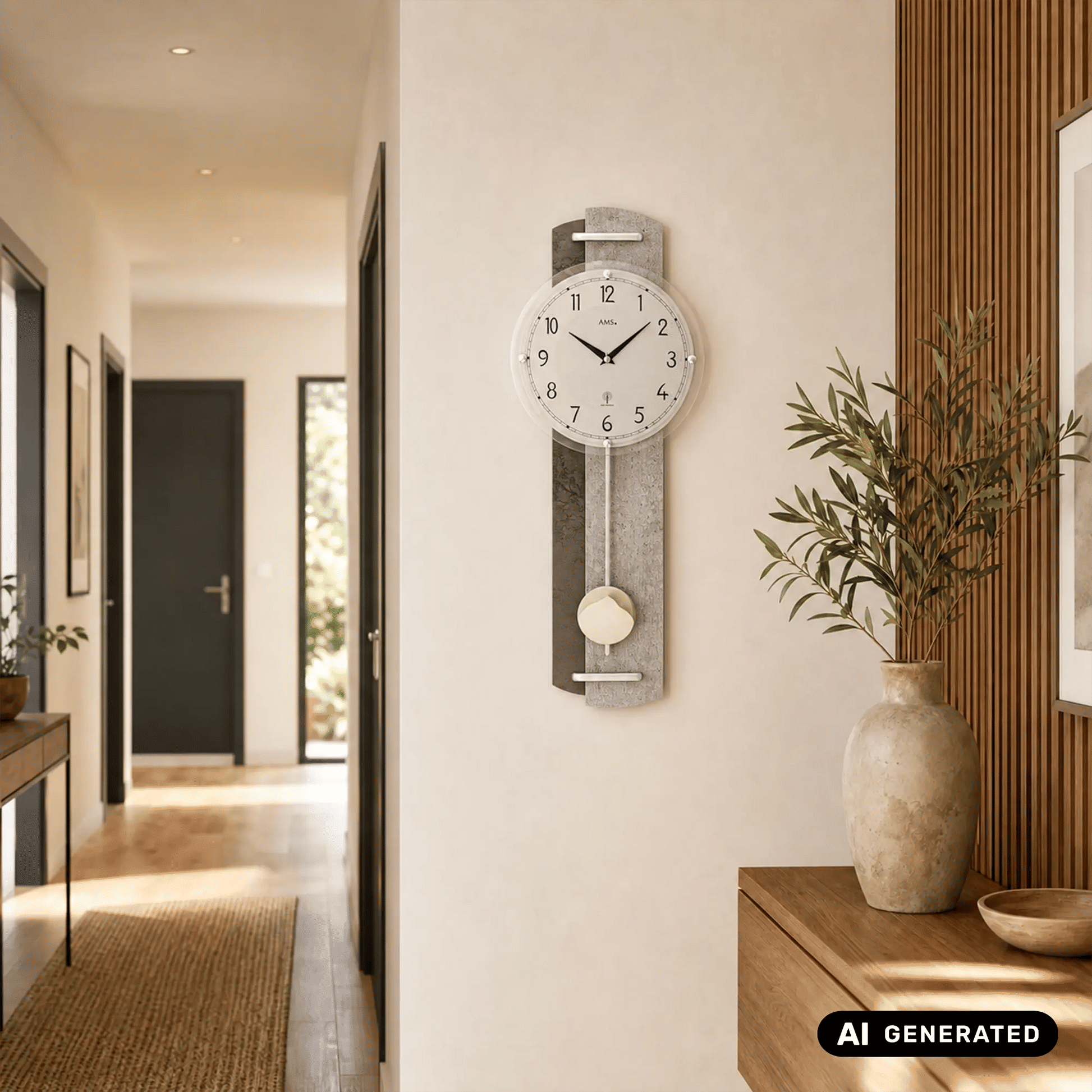 Wanduhr Steinstruktur an der Wand, rundes Zifferblatt mit Pendel