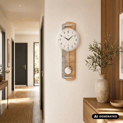 Funk-Pendelwanduhr an der Wand: rundes Ziffernblatt in Holzoptik, Pendelwerk sichtbar