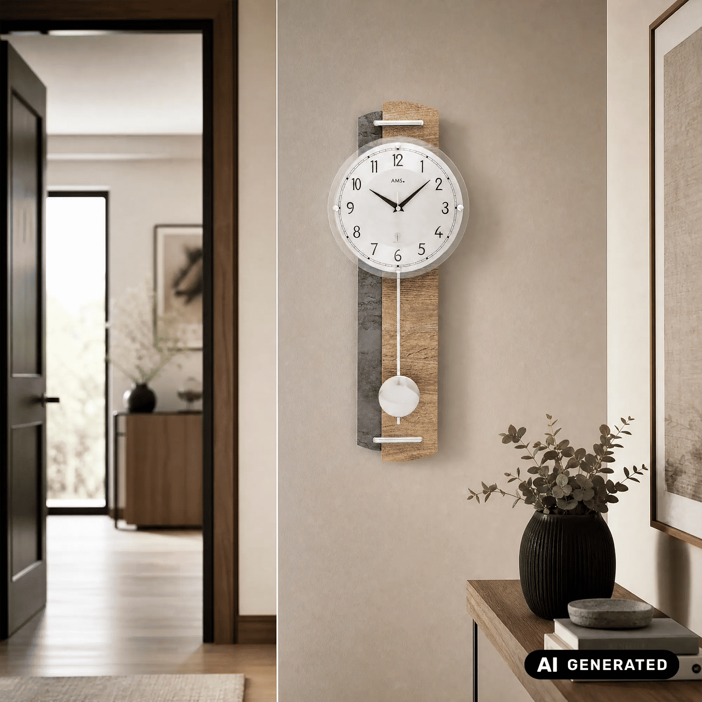 Wanduhr mit Holzgehäuse und weißem Zifferblatt, analoger Anzeige, sichtbarer Pendelkugel.