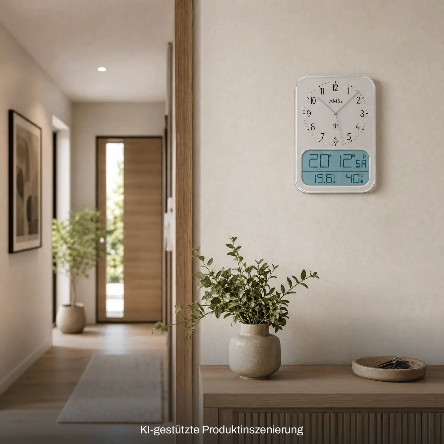 Wanduhr an der Wand mit analogem Ziffernblatt und blauer Digitalanzeige im weißen Rahmen