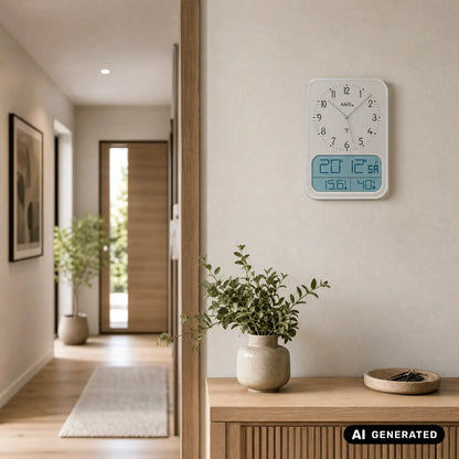 Wanduhr an der Wand mit Analog-Zeigern, digitalem Display und silberfarbenem Gehäuse