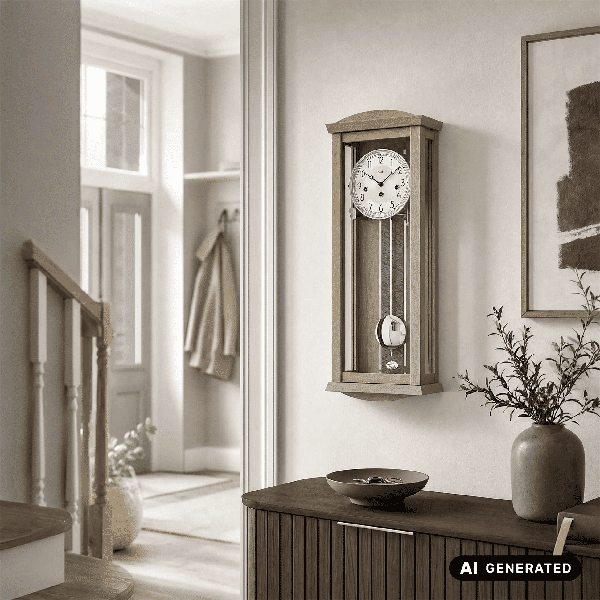 Wanduhr mit Holzgehäuse, rundem Zifferblatt und grauem Pendel
