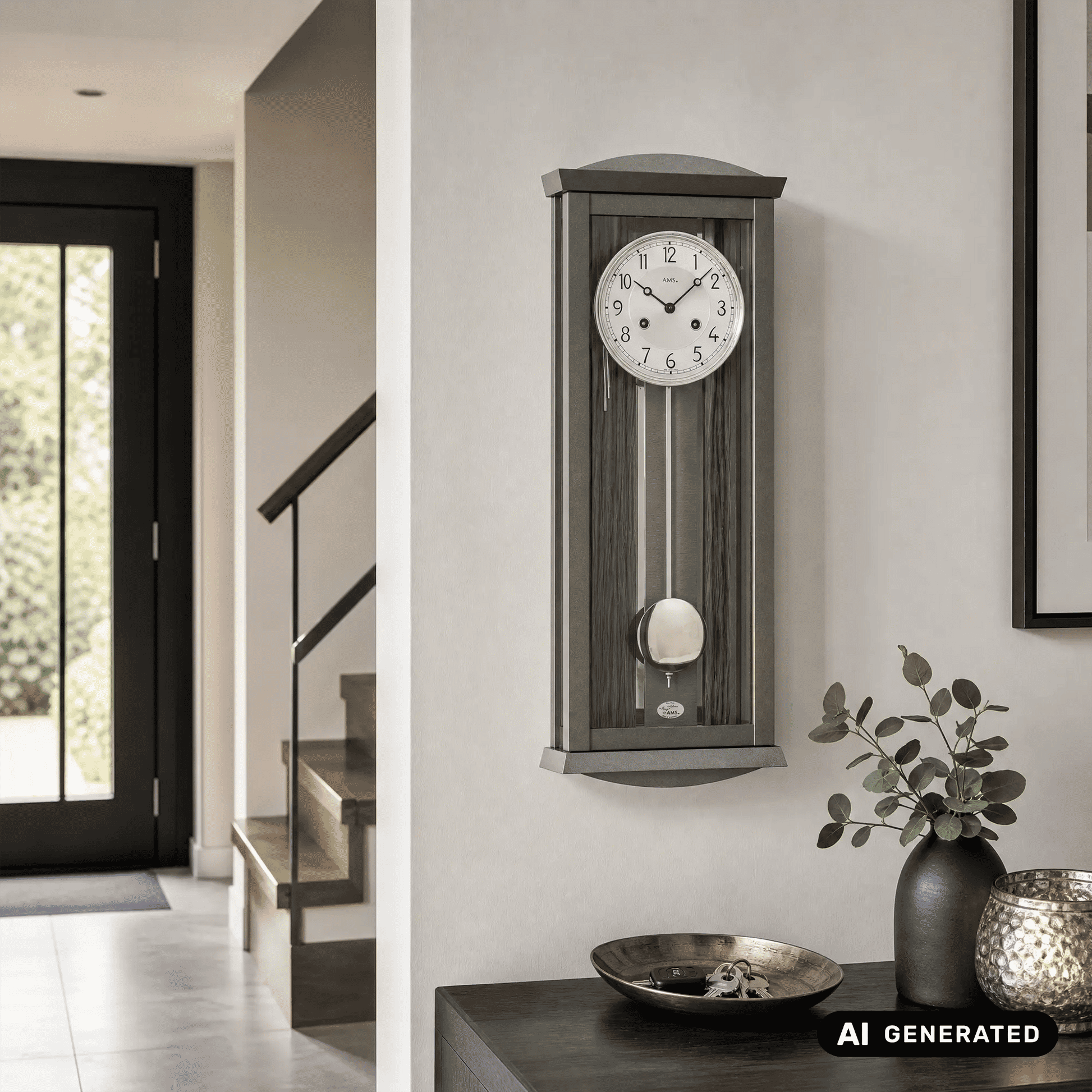 AMS Regulator-Wanduhr an der Wand: anthrazitfarbenes Gehäuse, großes Zifferblatt, Pendel