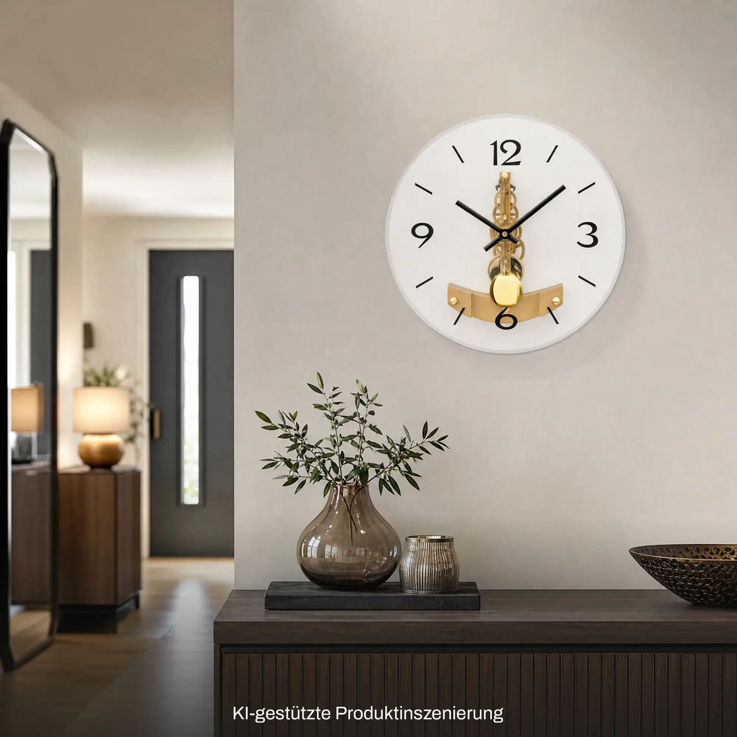 Runde Wanduhr mit weißem Zifferblatt, goldfarbenem Uhrwerk, schwarzen Zeigern