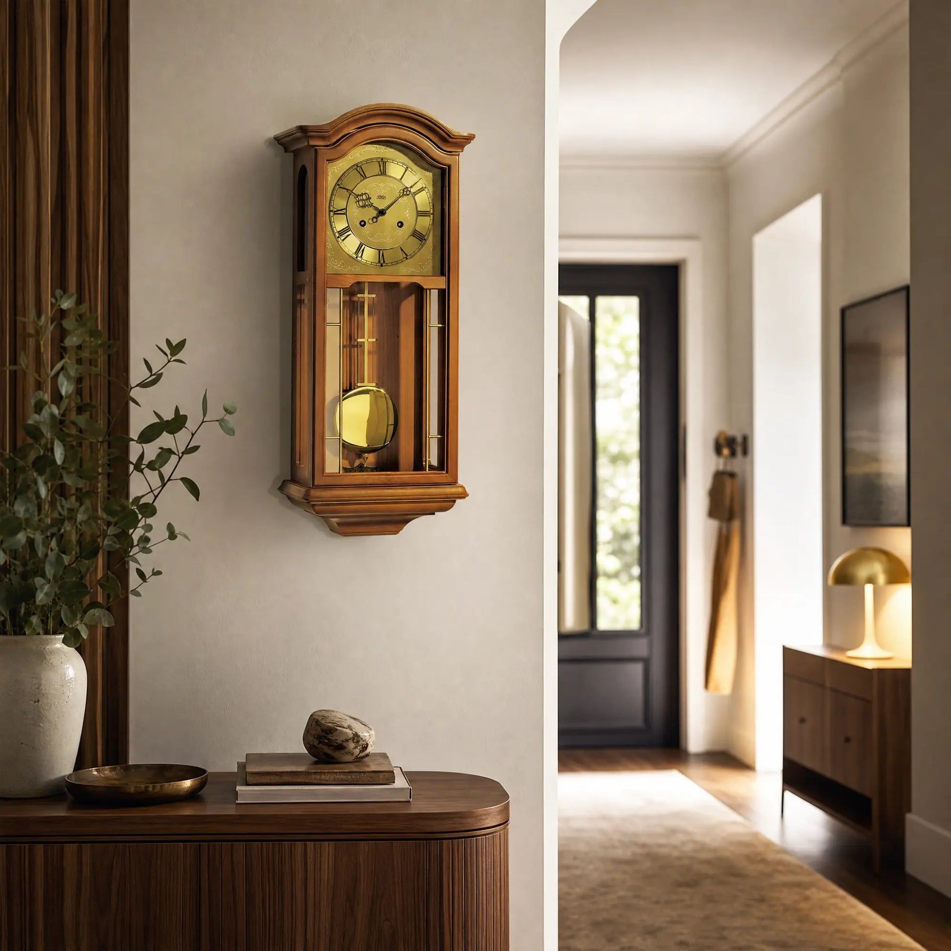 Pendelwanduhr an der Wand, kirschbaumfarbenes Gehäuse, goldenes Zifferblatt