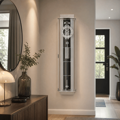 Wanduhr an der Wand, transparenter Zylinder mit mechanischem Seilzugwerk