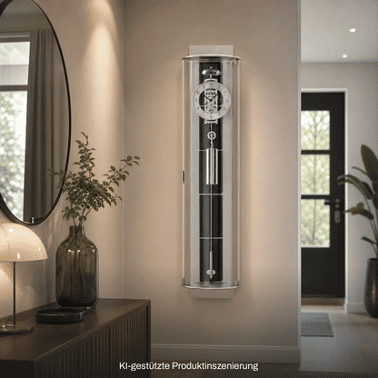 Wanduhr im Glaszylinder, Aluminiumgehäuse, schieferfarbene Streifen, mechanisches Seilzugwerk.