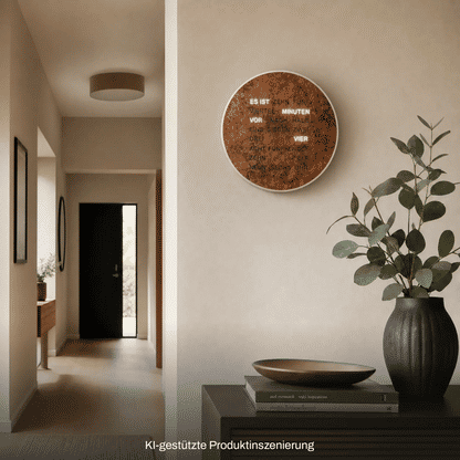 Runde LED-Wortuhr im Kupfer-Look an der Wand mit Wortanzeige