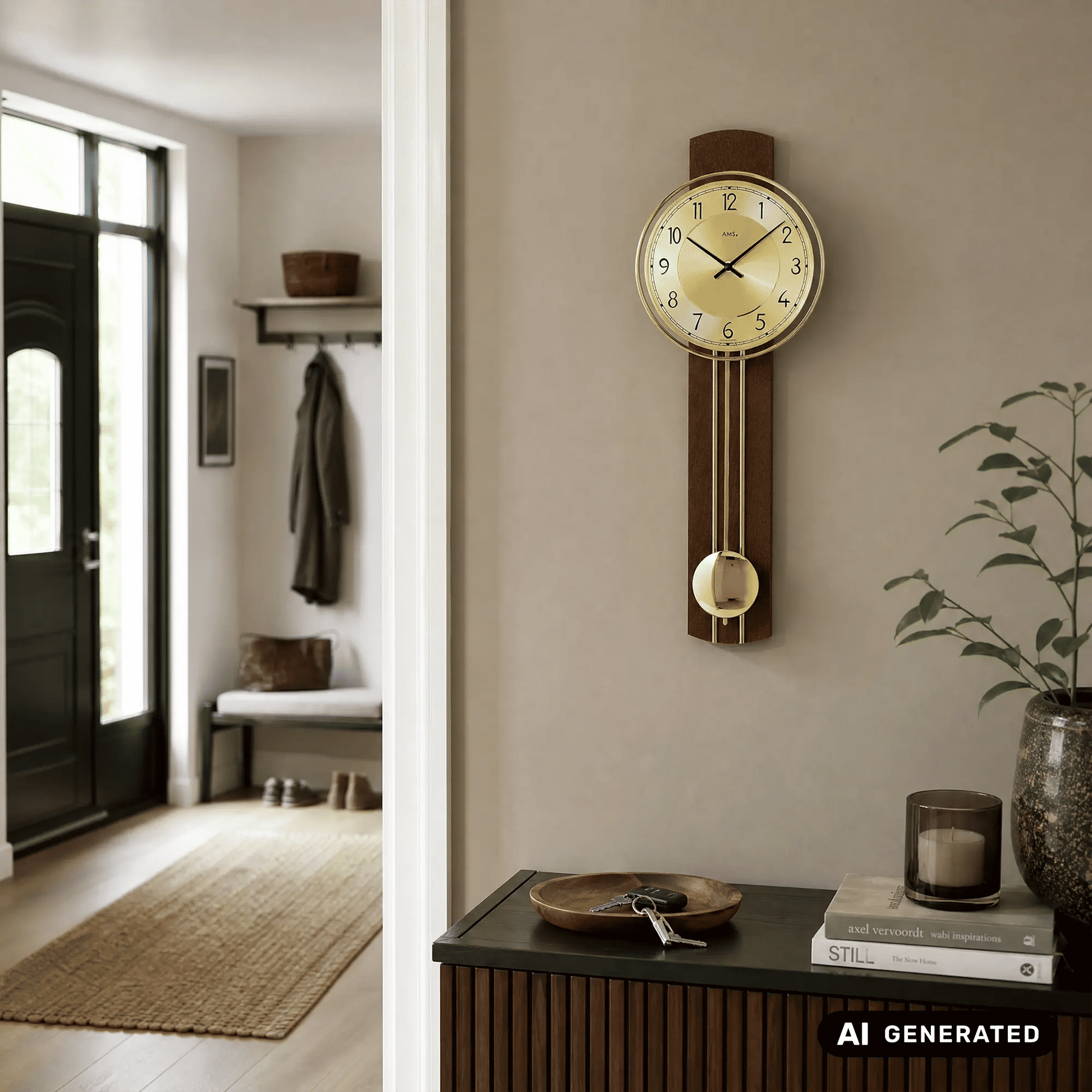 Wanduhr mit Nussbaumholzrahmen und rundem Ziffernblatt, Pendelgewicht unten