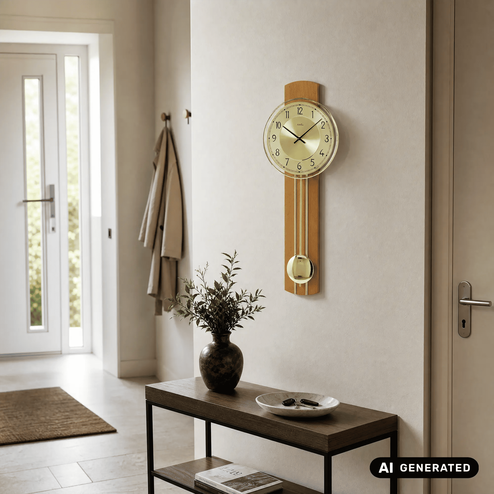 Wanduhr mit rundem Ziffernblatt, goldenem Pendel und schmalem Holzrahmen im Wohnbereich