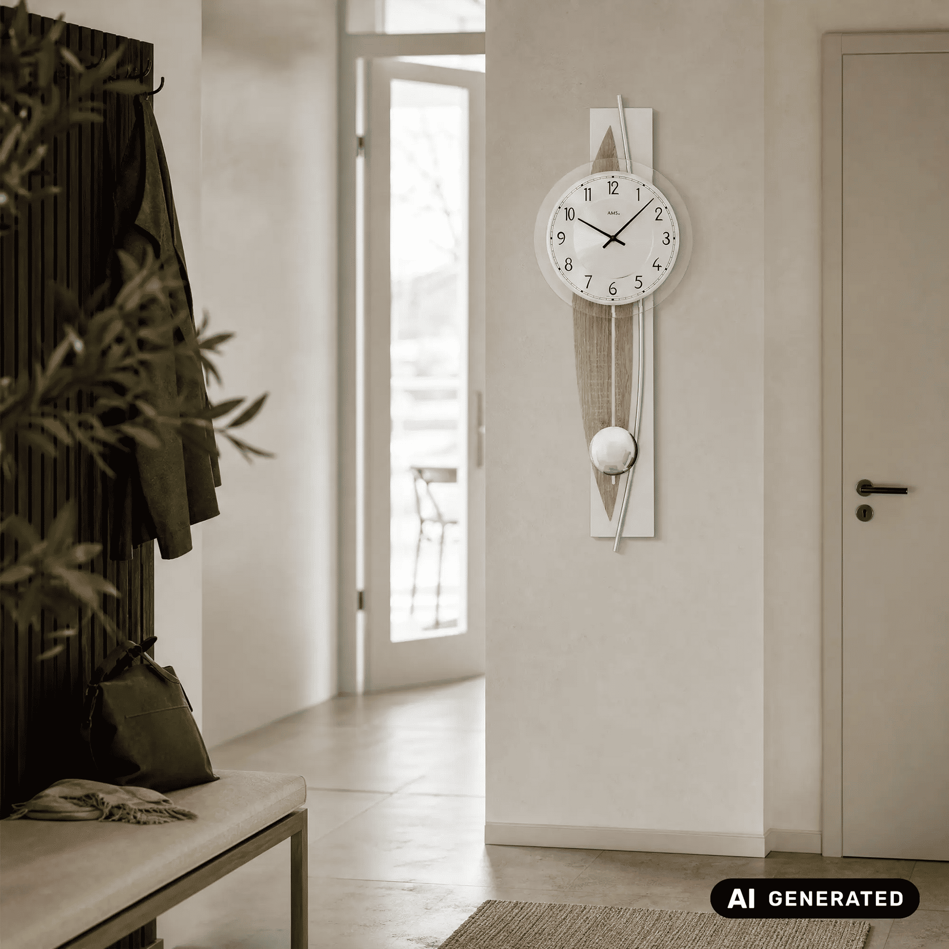 Wanduhr an der Wand: weißes Ziffernblatt, Mineralglasfront und Pendel an Holzstreifen