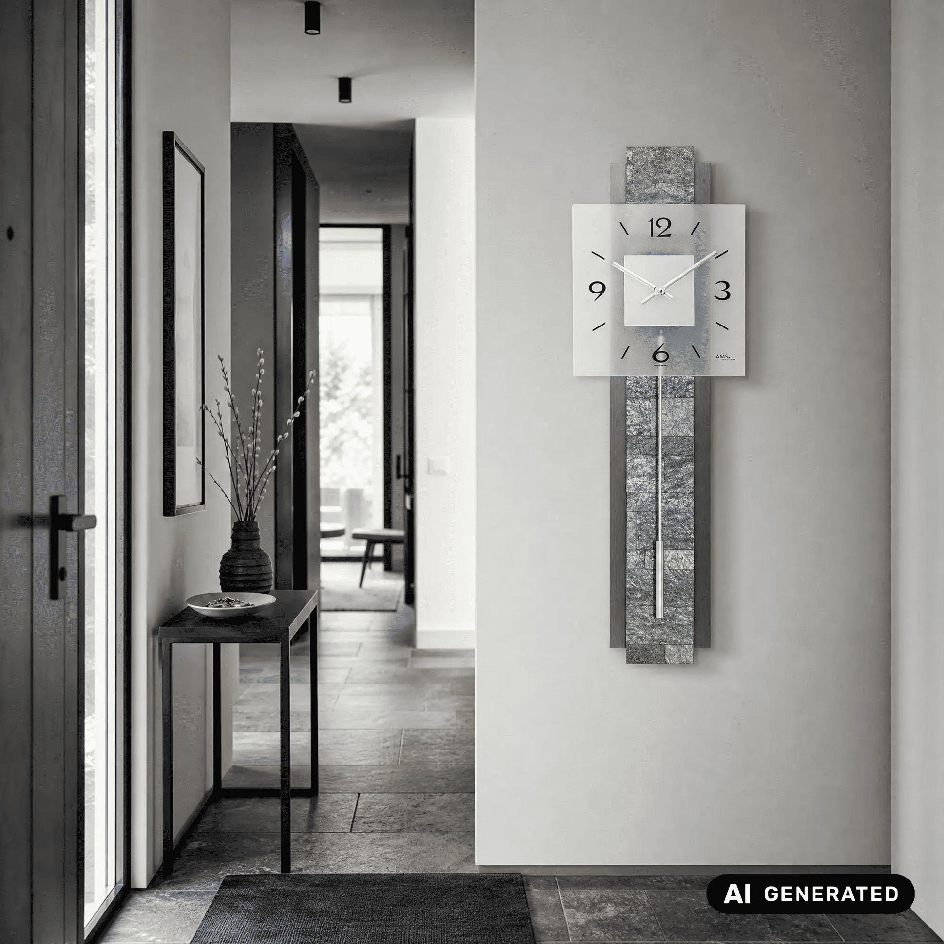 Wanduhr an der Wand mit weißem Ziffernblatt und grauem Stein-Korpus