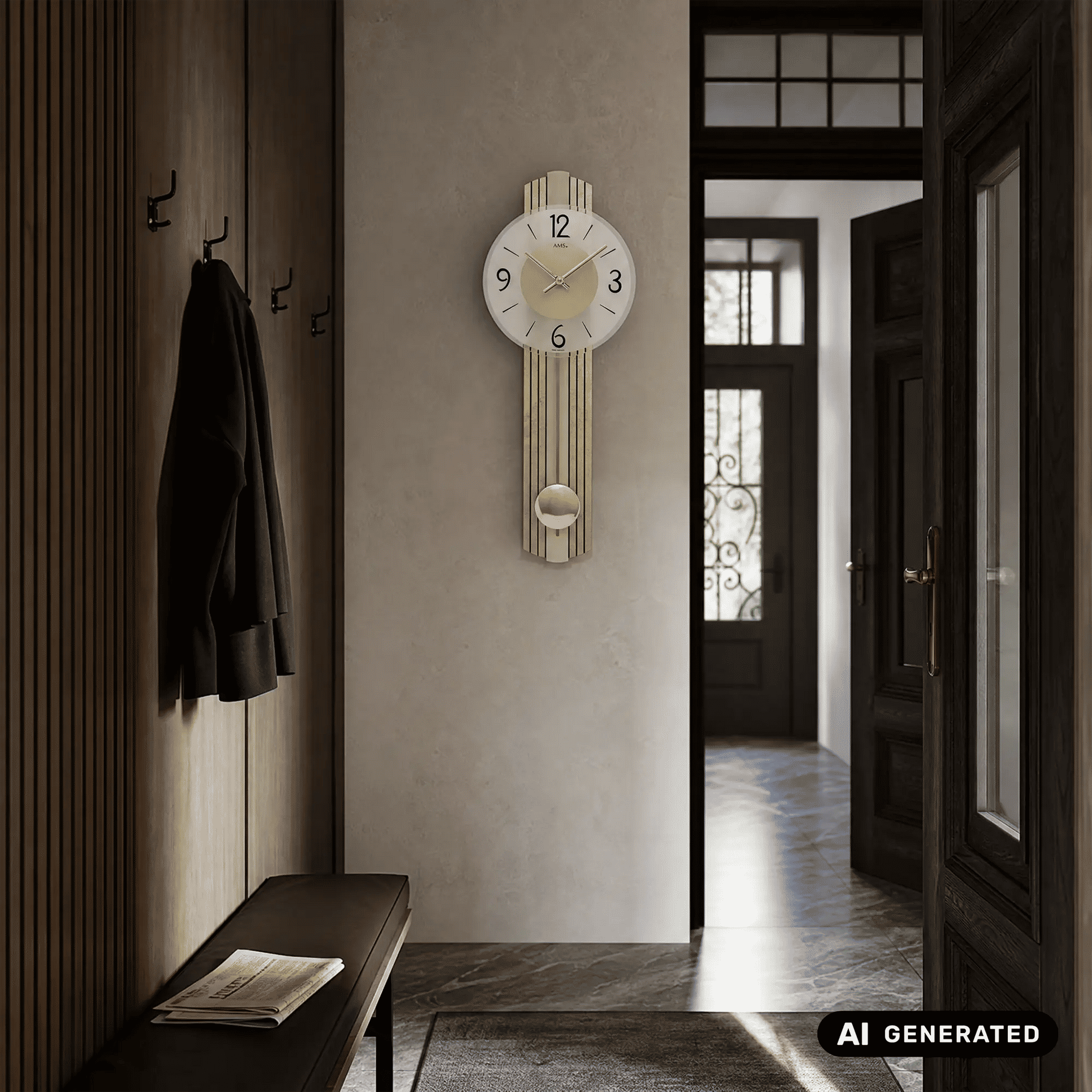 Wanduhr an der Wand mit weißem Ziffernblatt, goldenen Zeigern und Messingstreifen