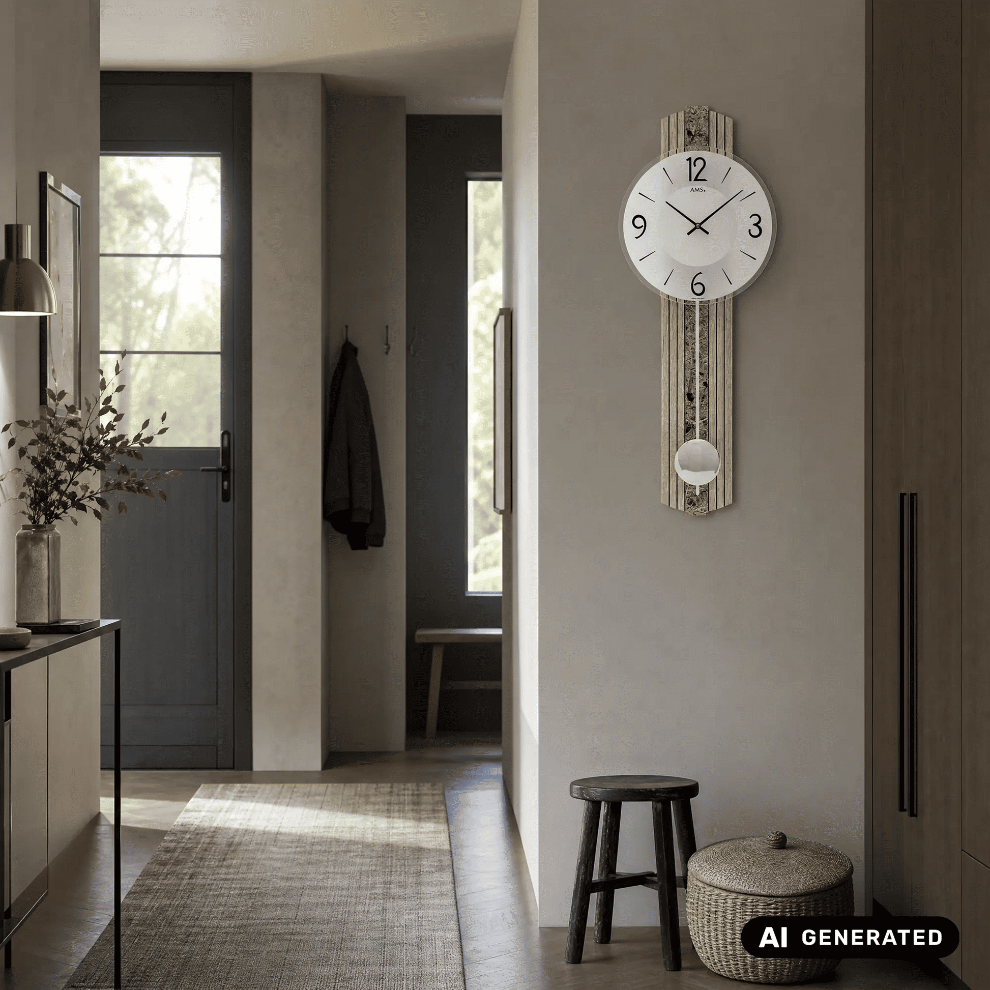 Wanduhr mit weißem Zifferblatt, schwarzen Zeigern und goldfarbenem Pendelgehäuse