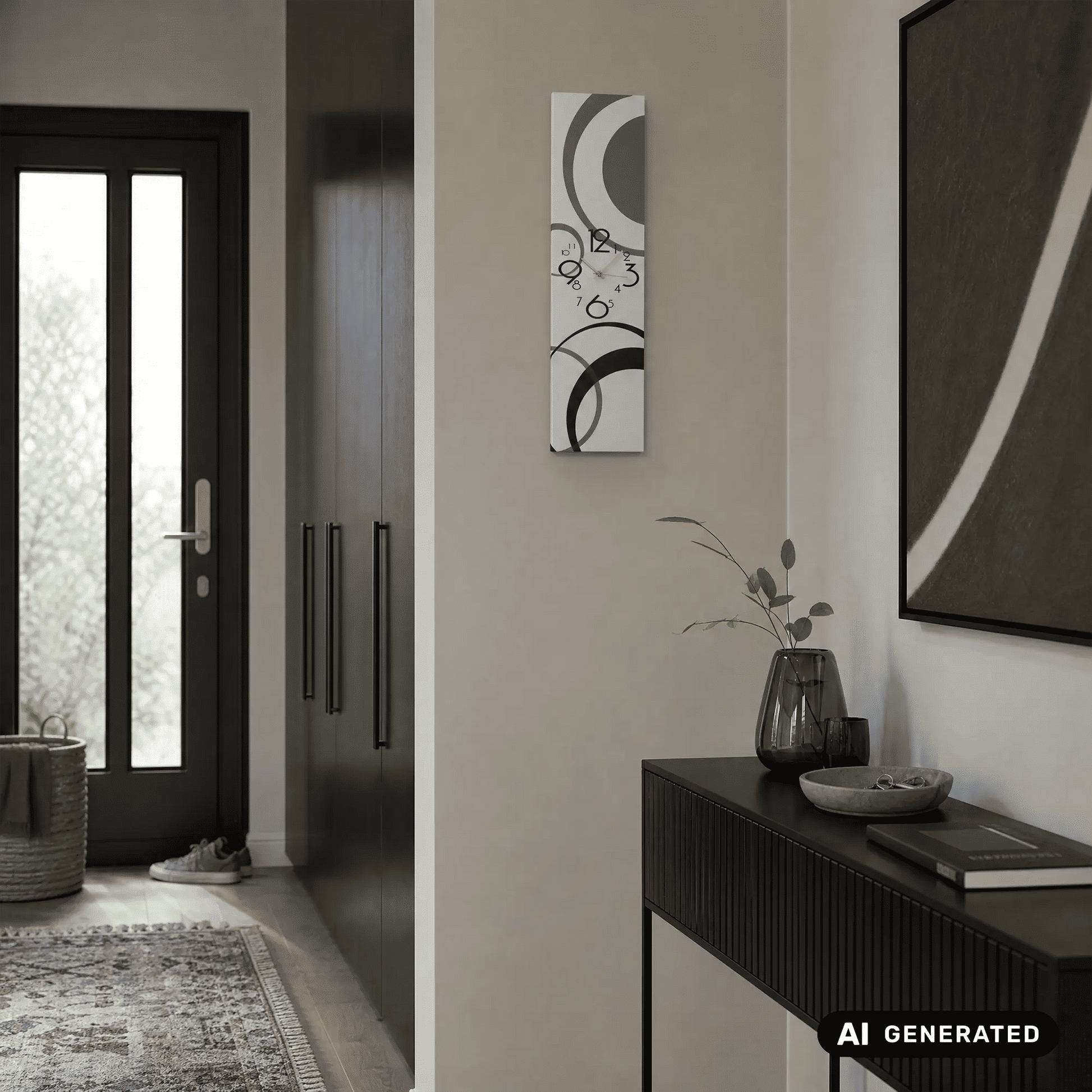 Weiße Wanduhr mit Kreismustern und schwarzen Ziffern an der Wand, sichtbare Zeiger