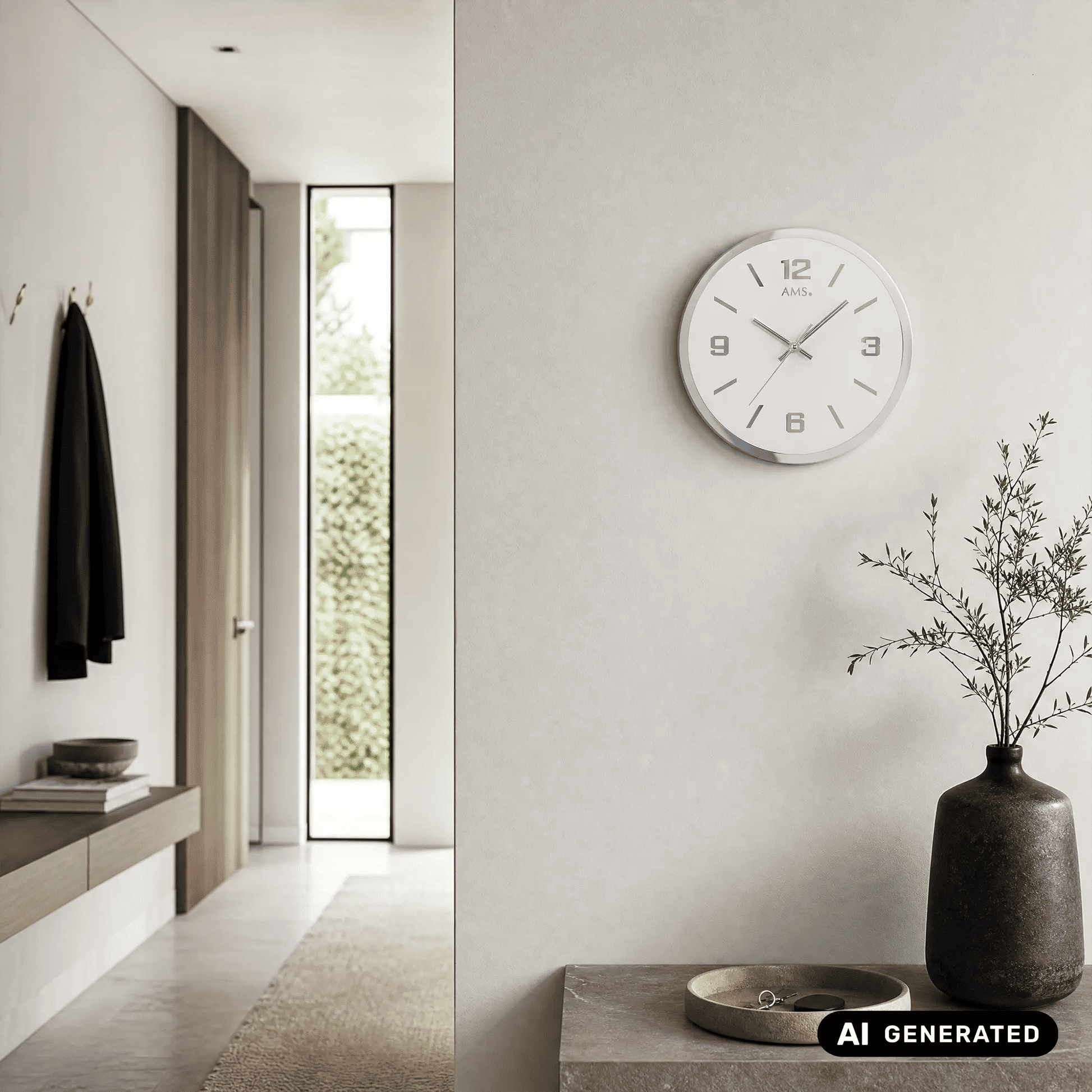 Wanduhr mit silbernem Rahmen und weißem Zifferblatt, Zeigerkreuz mit Zahlen 12