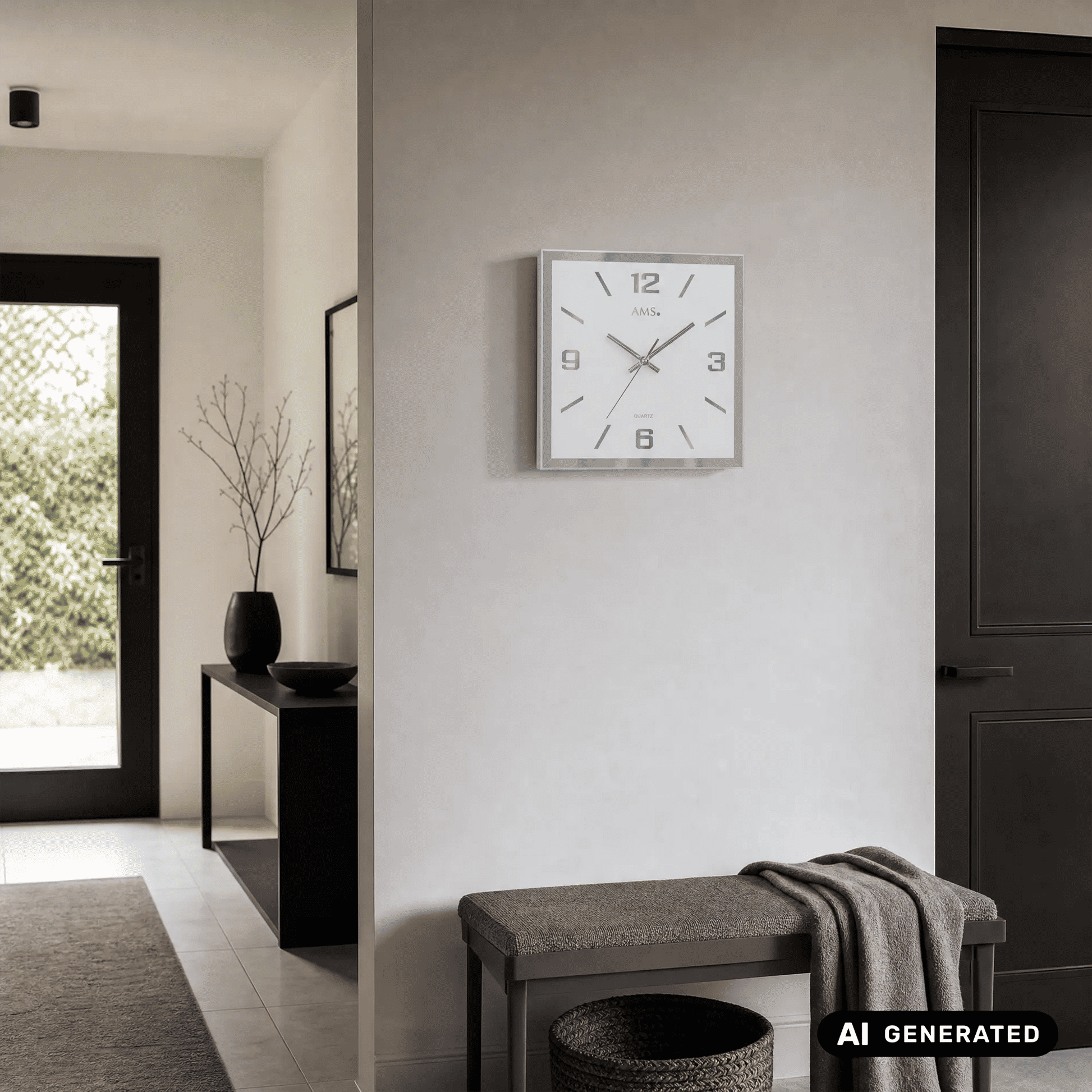 Quadratische Wanduhr mit silbernem Rahmen und Spiegelglas, Ziffern und Zeiger sichtbar