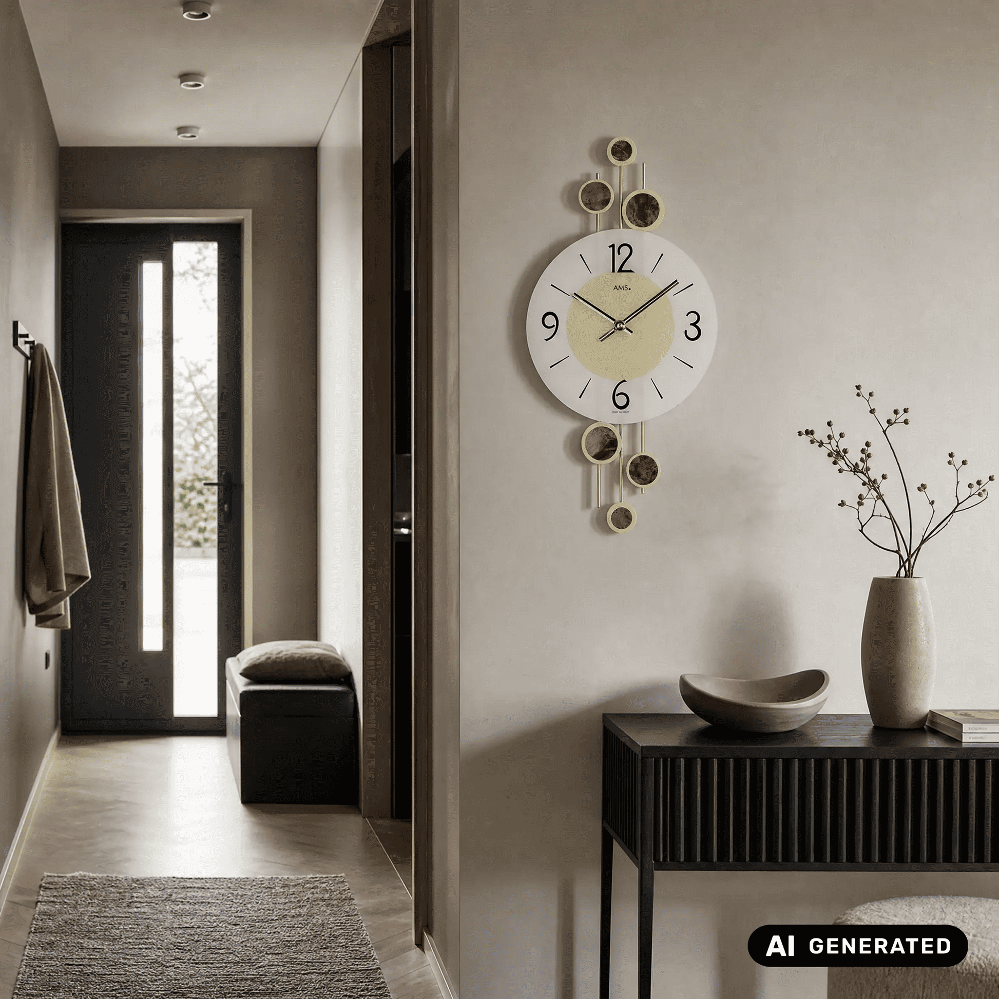 Wanduhr mit weißem Zifferblatt, goldenen Kreis-Elementen und schwarzen Minutenmarken