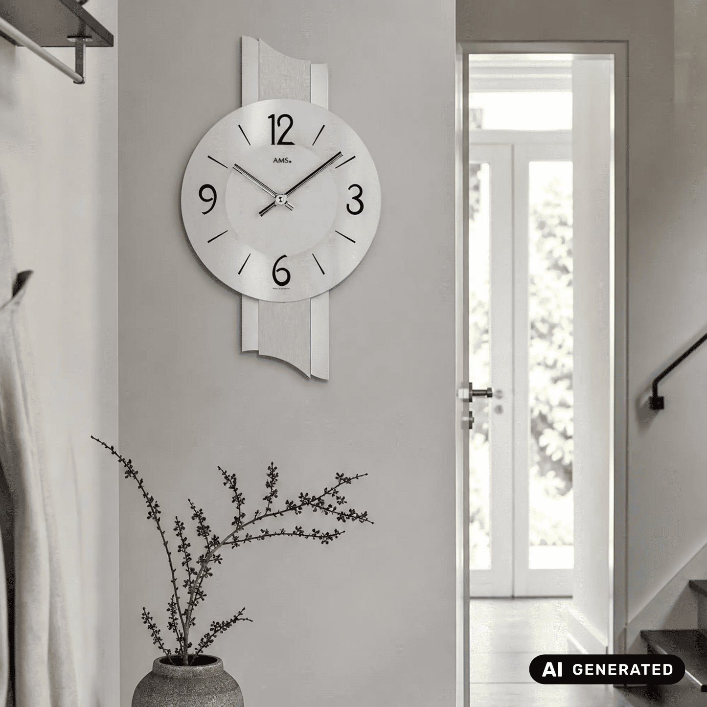 Wanduhr an der Wand mit weißem Zifferblatt, schwarzen Zahlen und schieferfarbenem Rahmen