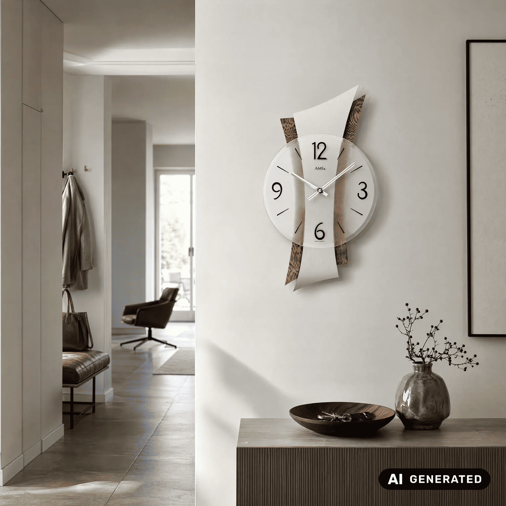 Wanduhr mit weißem Ziffernblatt und braunen Metallstreifen, silberne Zeiger