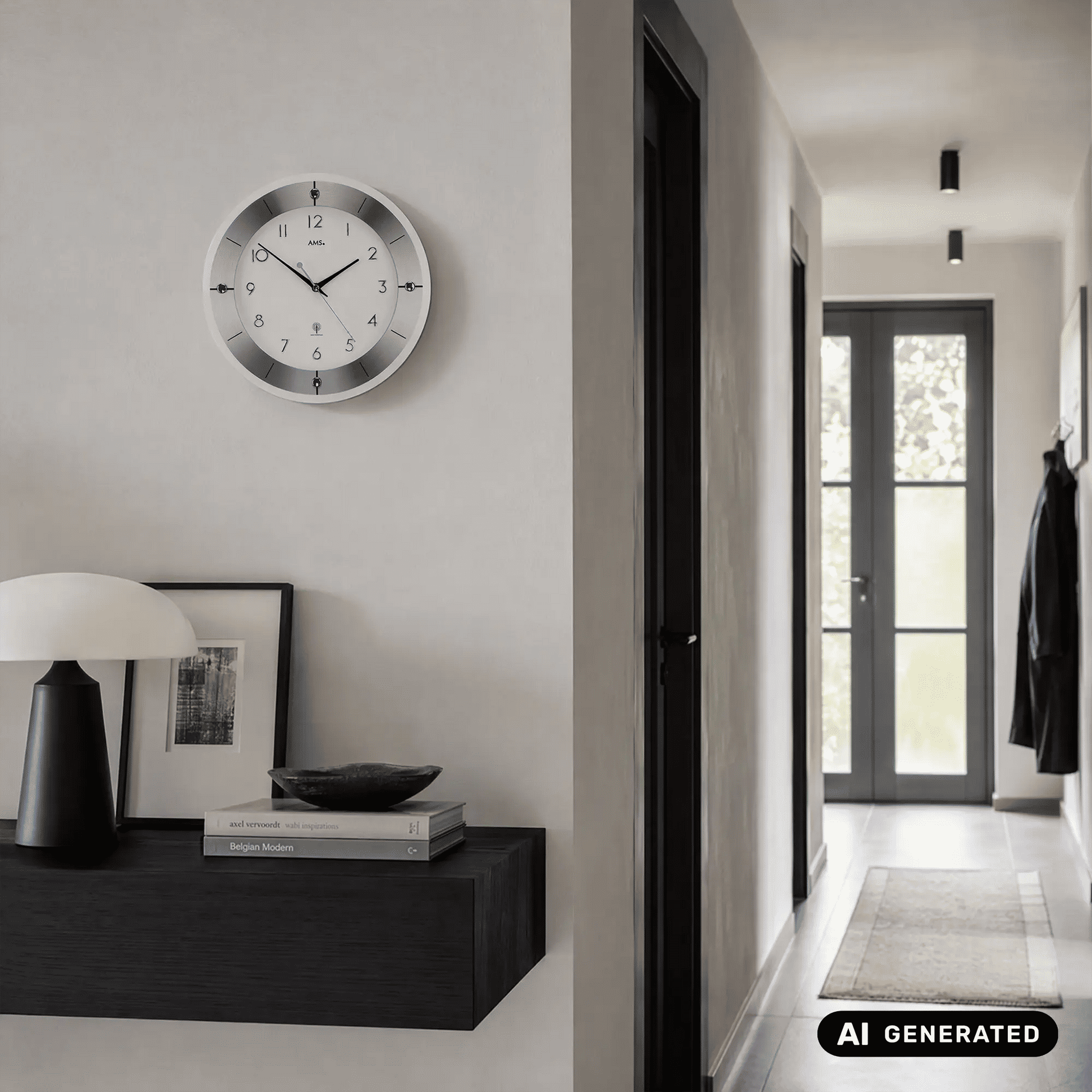 Runde Wanduhr in Silber mit weißem Ziffernblatt und schwarzen Zeigern an heller Wand