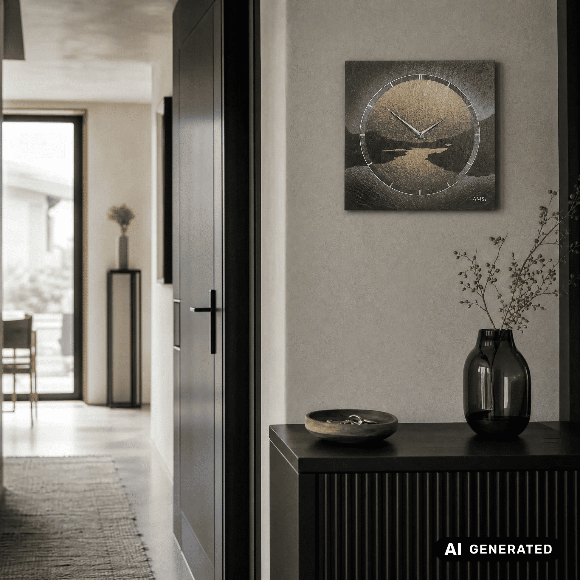 Wanduhr aus Naturschiefer, quadratisch gerahmt, rundes Ziffernblatt mit Zeigern und Motiv