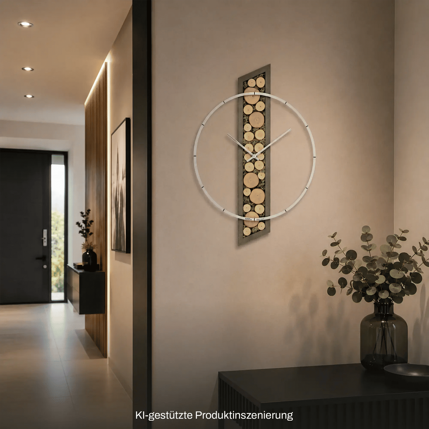 Wanduhr mit rundem Metallrahmen, vertikaler Reihe aus Holzscheiben und Moos