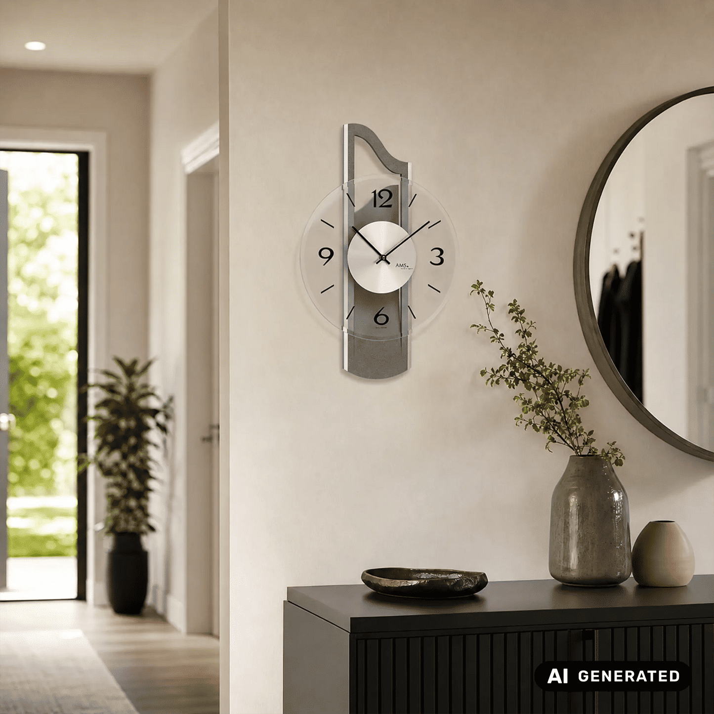 Wanduhr mit anthrazitfarbenem Gehäuse und Facetten-Mineralglas, runde Zifferblattoptik, AMS.