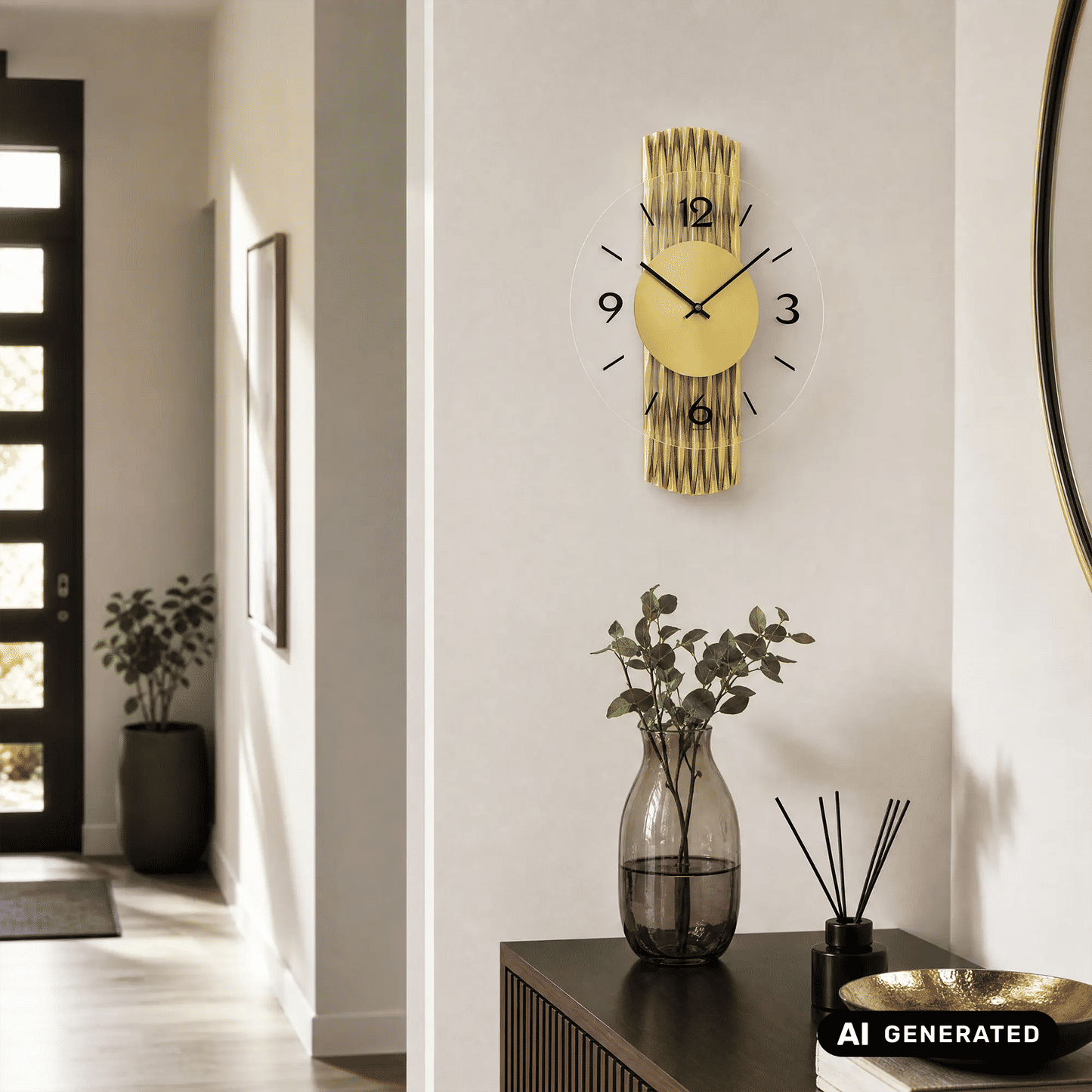 Wanduhr an heller Wand mit gelbem Ziffernblatt, schwarzen Zeigern und goldfarbener Rückseite