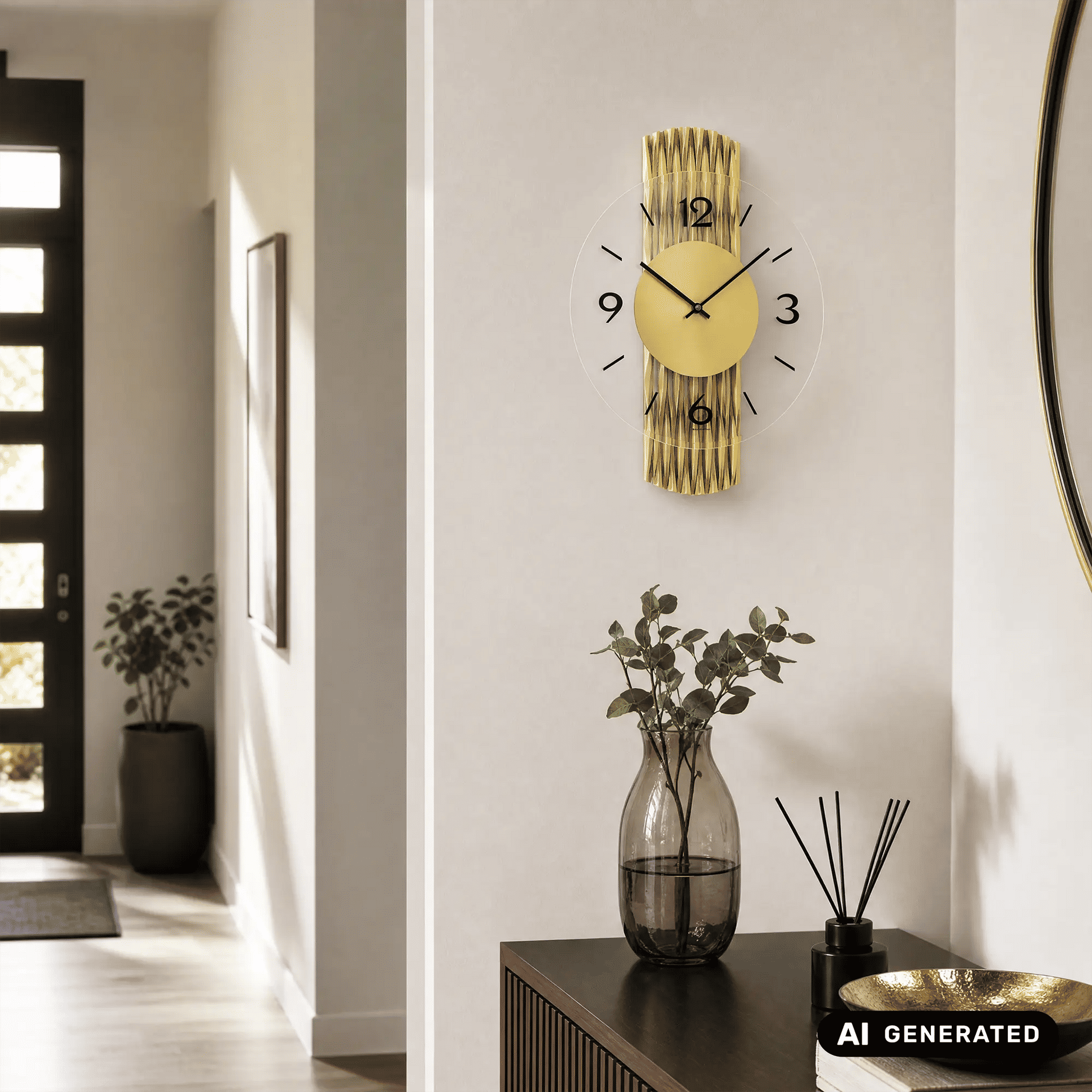 Wanduhr an heller Wand mit gelbem Ziffernblatt, schwarzen Zeigern und goldfarbener Rückseite