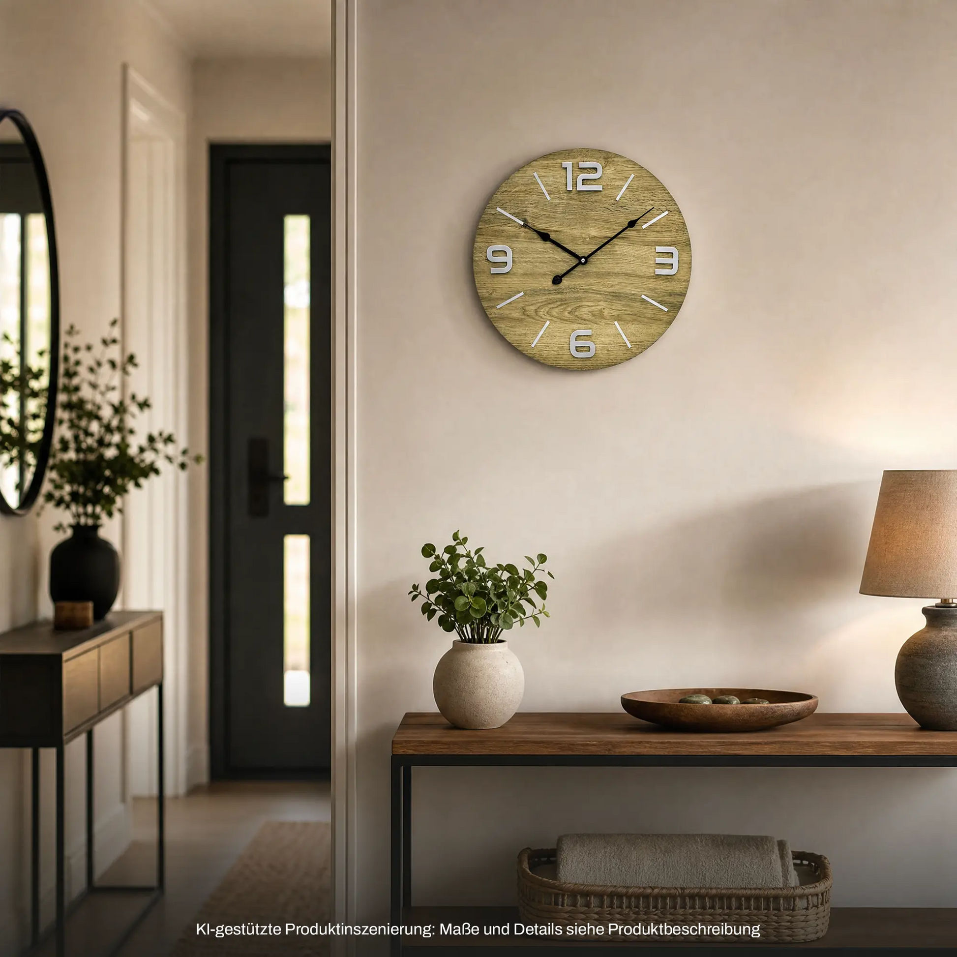 Wanduhr an der Wand mit Holz-Optik-Ziffernblatt, Metallziffern und anthrazit Zeigern