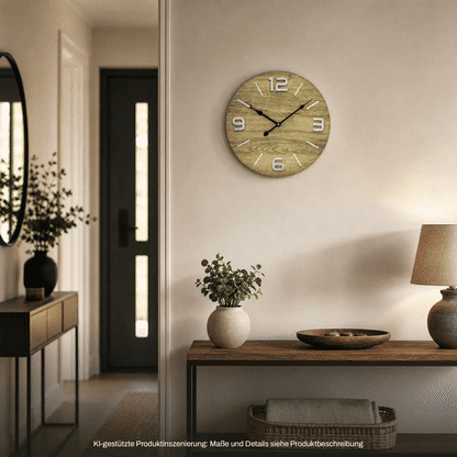 Wanduhr an der Wand mit Holz-Optik-Ziffernblatt, Metallziffern und anthrazit Zeigern