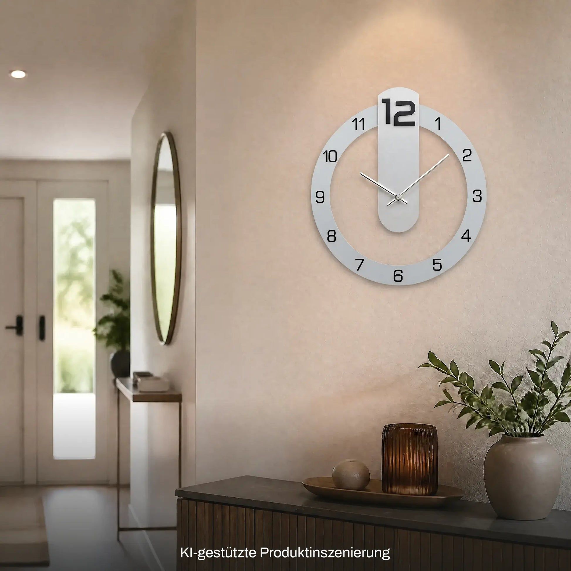 Wanduhr mit grauem Außenring und weißem Innenfeld, silbernen Zeigern und Ziffern