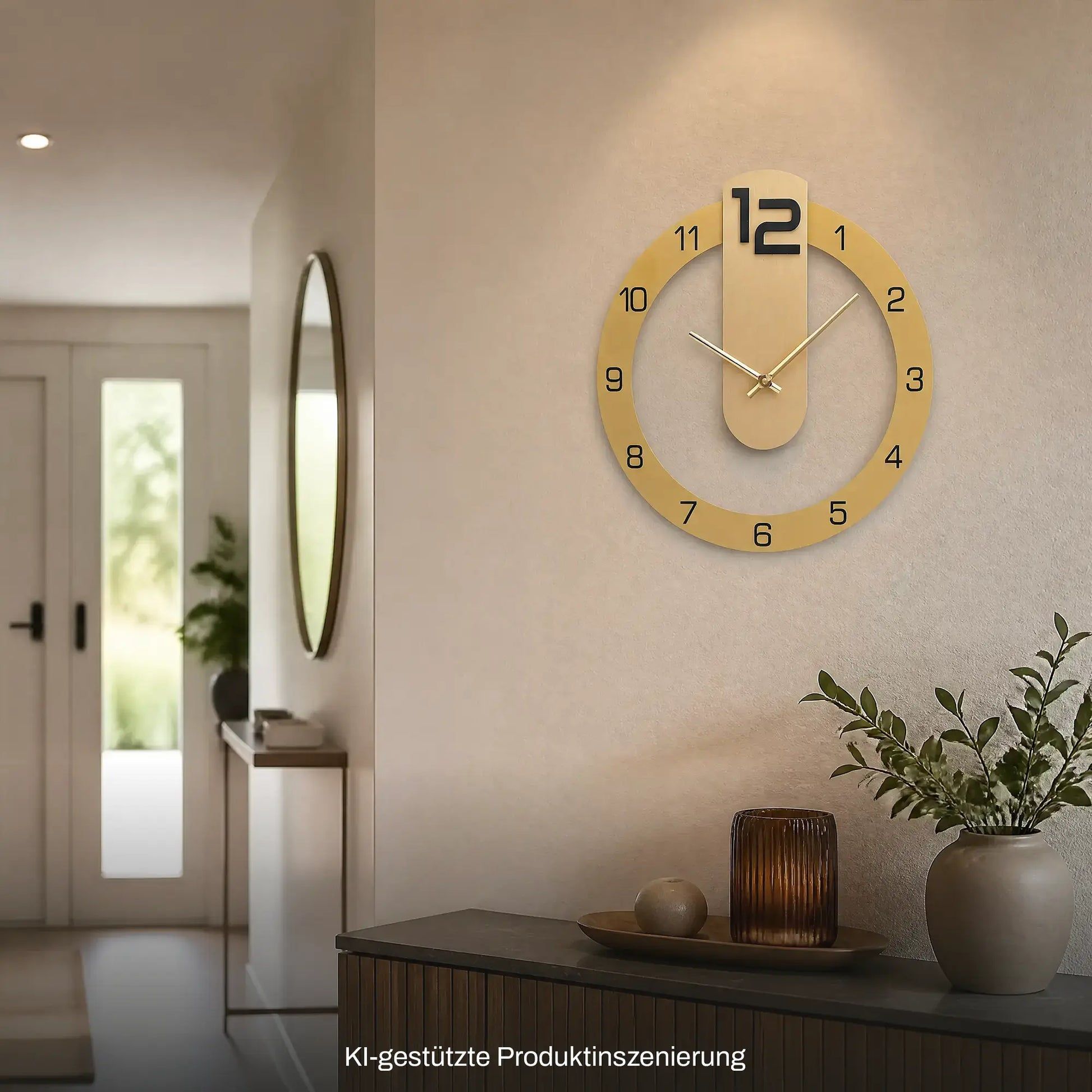 Runde Wanduhr an der Wand: goldfarbener Rahmen, 3D-Ziffern und klare Mineralglasabdeckung.