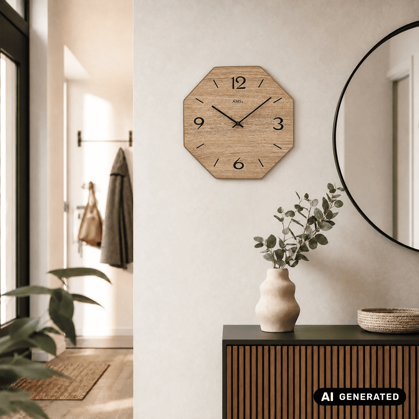 Achteckige Wanduhr aus Naturholz an der Wand, römische Ziffern, schwarzer Minutenzeiger