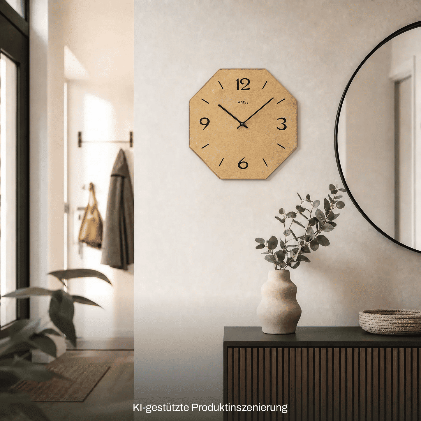 Wanduhr mit oktogonalem Holzgehäuse, bedruckte Ziffern 1–12 und schwarze Zeiger